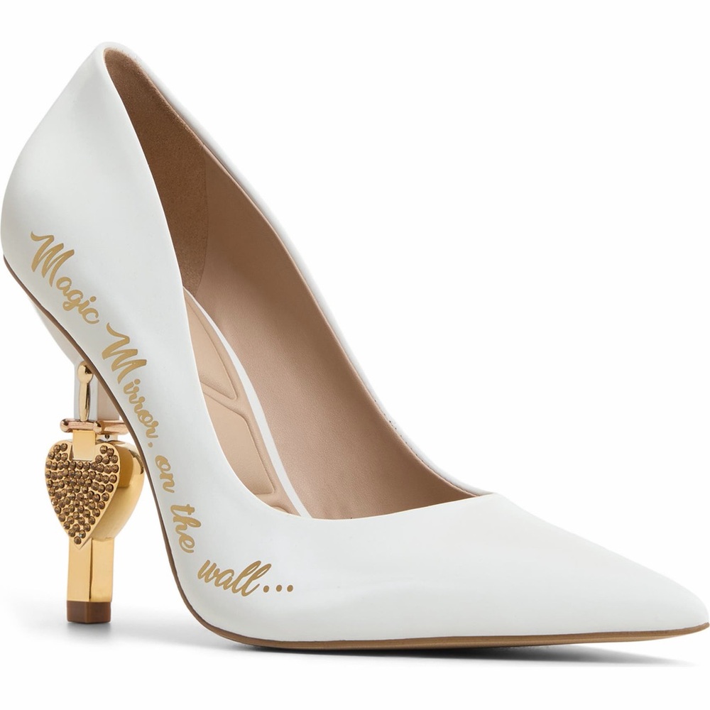 Aldo White Pointed Pump with Gold Heart Heel